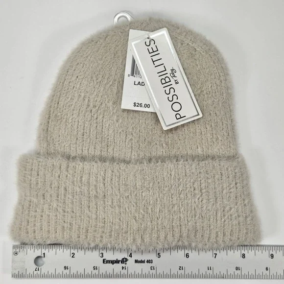 Possibilities, Toby Beige Fuzzy Knit Beanie Hat Women's Warm Winter Fall Fashion - Picture 4 of 7